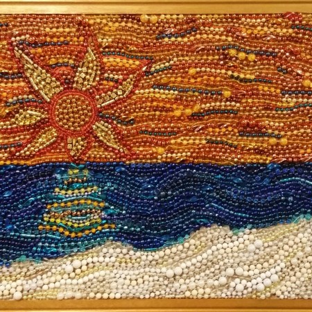 "Sunburst Sunset" by Ruth Warren, bead mosaic on used cork board